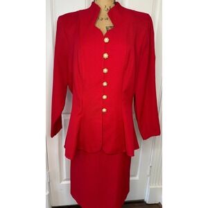 Vintage 1990's Lindsey Scott Red Peplum Skirt Suit Blazer & Skirt Set Size 18